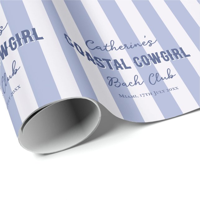 Anpassat namn Coastal Cowgirl Blue White Rand Presentpapper (Rullad Hörn)