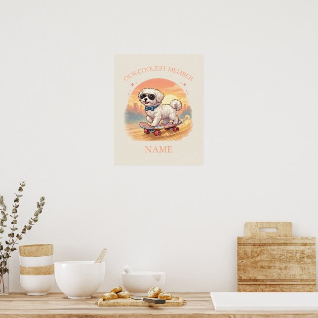 Anpassat Namn Cool Maltese Hund Skateboardåkare  Poster (Kök)