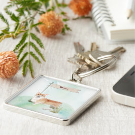 Anpassat namn Corgi Pet-Hund Fyrkantig Silverfärgad Nyckelring