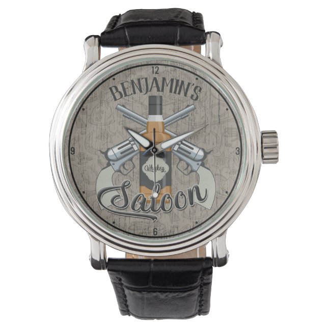 Anpassat NAMN Cowboy Revolver Gun Whiskey Saloon Armbandsur (Framsida)