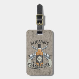 Anpassat NAMN Cowboy Revolver Gun Whiskey Saloon Bagagebricka