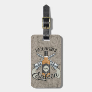 Anpassat NAMN Cowboy Revolver Gun Whiskey Saloon Bagagebricka