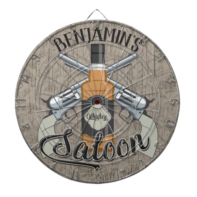 Anpassat NAMN Cowboy Revolver Gun Whiskey Saloon Darttavla (Framsidan)