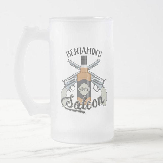 Anpassat NAMN Cowboy Revolver Gun Whiskey Saloon Frostat Ölglas (Vänster)