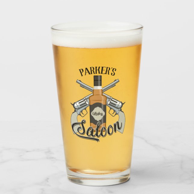 Anpassat NAMN Cowboy Revolver Gun Whiskey Saloon Glaskopp (Framsida fylld)