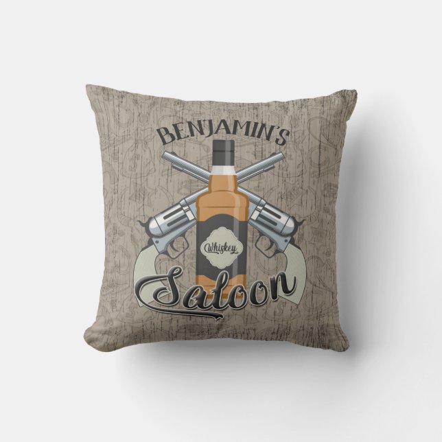 Anpassat NAMN Cowboy Revolver Gun Whiskey Saloon Kudde (Framsida)
