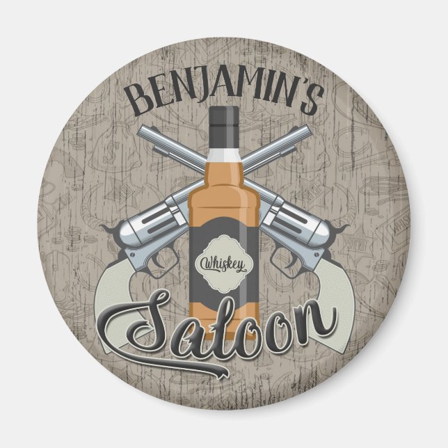 Anpassat NAMN Cowboy Revolver Gun Whiskey Saloon Magnet (Framsidan)