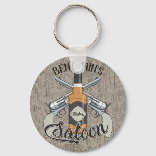 Anpassat NAMN Cowboy Revolver Gun Whiskey Saloon Nyckelring