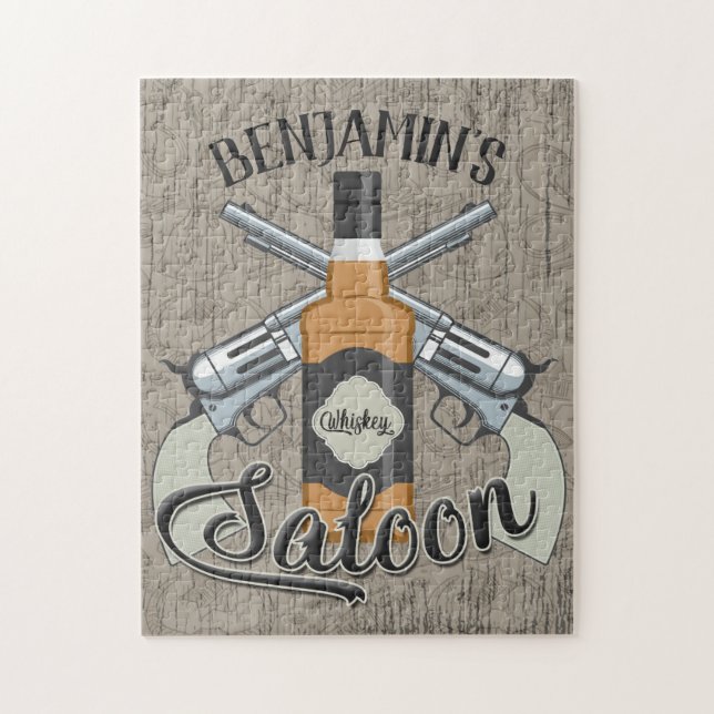 Anpassat namn Cowboy Revolver Gun Whiskey Saloon Pussel (Vertikal)
