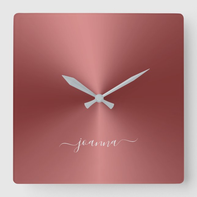 Anpassat namn Crimson Red Metallic Stil Acrylic Fyrkantig Klocka (Framsida)