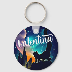 Anpassat namn Cute Cat och Galaxy Stars & Mountain Nyckelring