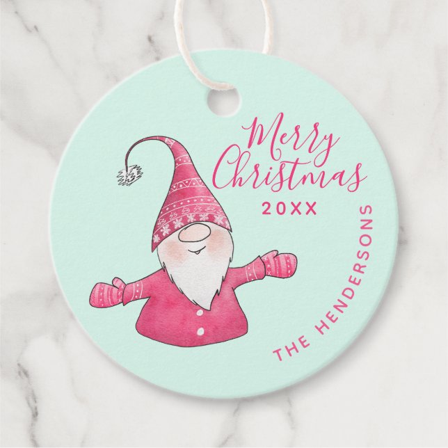 Anpassat namn Cute Gnome Rosa Mint God jul Gåvor Etiketter (Framsida)
