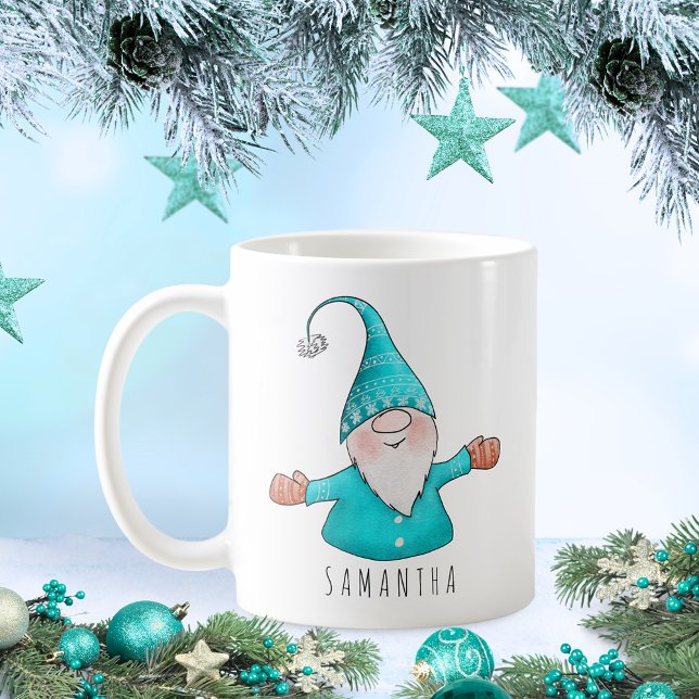Anpassat namn Cute Gnome Teal Blue Jul Kaffemugg (Skapare uppladdad)