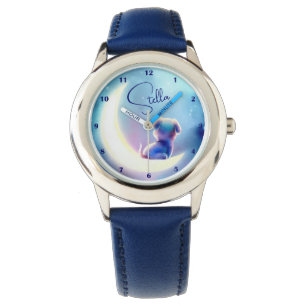 Anpassat namn Cute Hund på Måne Stars Watercolor Armbandsur