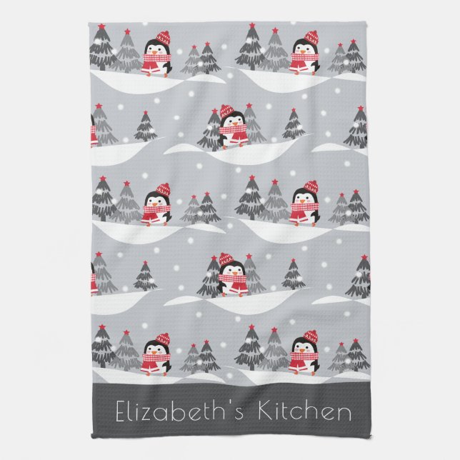 Anpassat namn Cute Jul Penguin Kitchen Towel Kökshandduk (Vertikal)