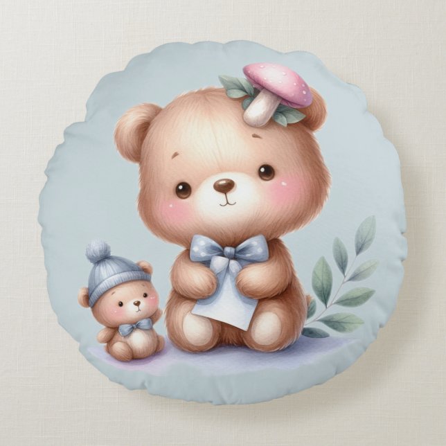 Anpassat namn Cute Nalle Animal Art Art Rund Kudde (Framsidan)