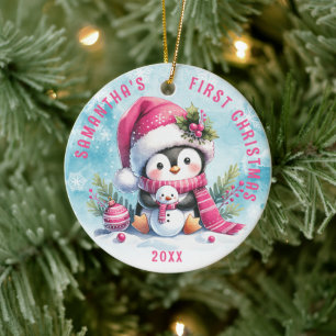 Anpassat namn Cute Penguin Rosa Första jul Julgransprydnad Keramik