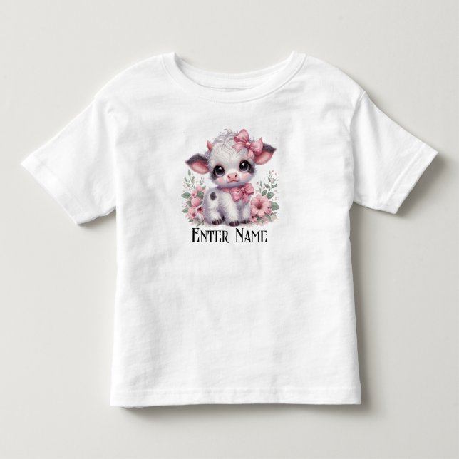 Anpassat namn Cute Rosa Flicka Highland Cow T Shirt (Framsida)