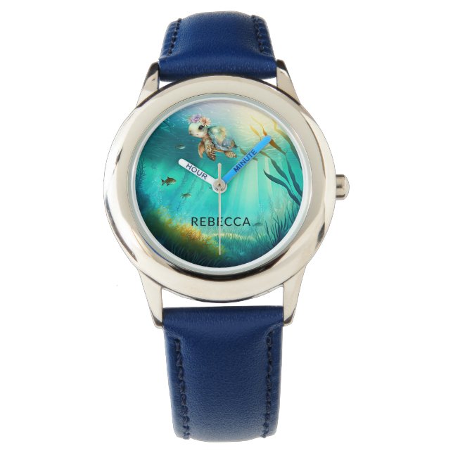Anpassat namn Cute Turtle Ocean Background Kids Armbandsur (Framsida)