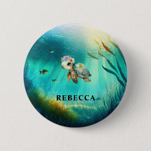 Anpassat namn Cute Turtle Ocean Background Kids Knapp