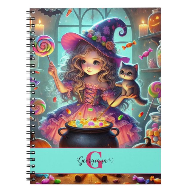 Anpassat namn Cute Whimsical Witch Halloween Trets Anteckningsbok (Framsidan)