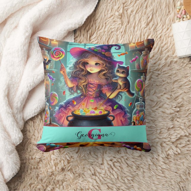 Anpassat namn Cute Whimsical Witch Halloween Trets Kudde (Filt)