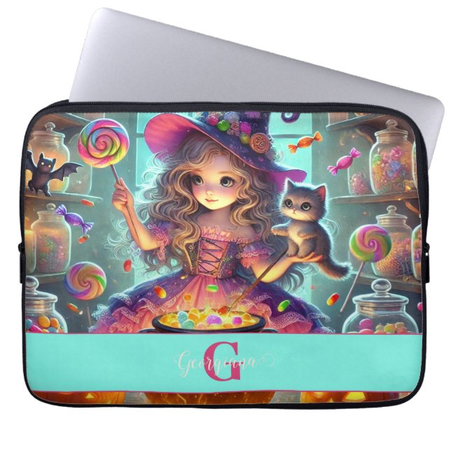 Anpassat namn Cute Whimsical Witch Halloween Trets Laptop Fodral (Framsidan)
