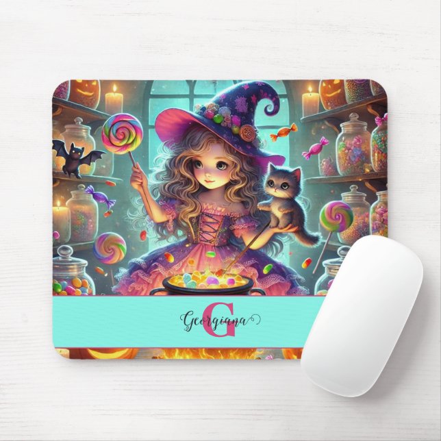 Anpassat namn Cute Whimsical Witch Halloween Trets Musmatta (Med mus)