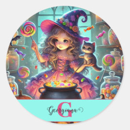 Anpassat namn Cute Whimsical Witch Halloween Trets Runt Klistermärke