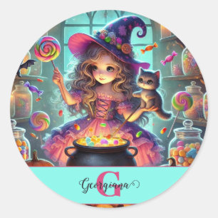 Anpassat namn Cute Whimsical Witch Halloween Trets Runt Klistermärke