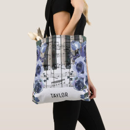 anpassat namn dammigt blåa blommor musik tygkasse