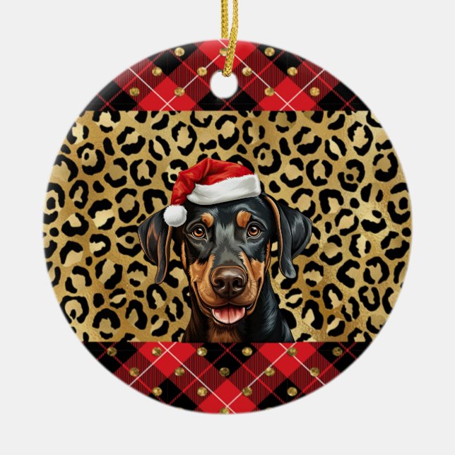 Anpassat namn Doberman Pinscher hund Santa hat Julgransprydnad Keramik (Framsidan)
