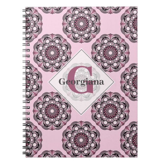 Anpassat namn Dusky Ro Cherry Blommar Dot Mandala Anteckningsbok (Framsidan)