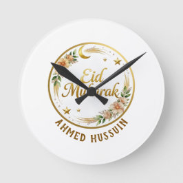 Anpassat namn Eid Mubarak Blommig Guld Måne Vägg Rund Klocka