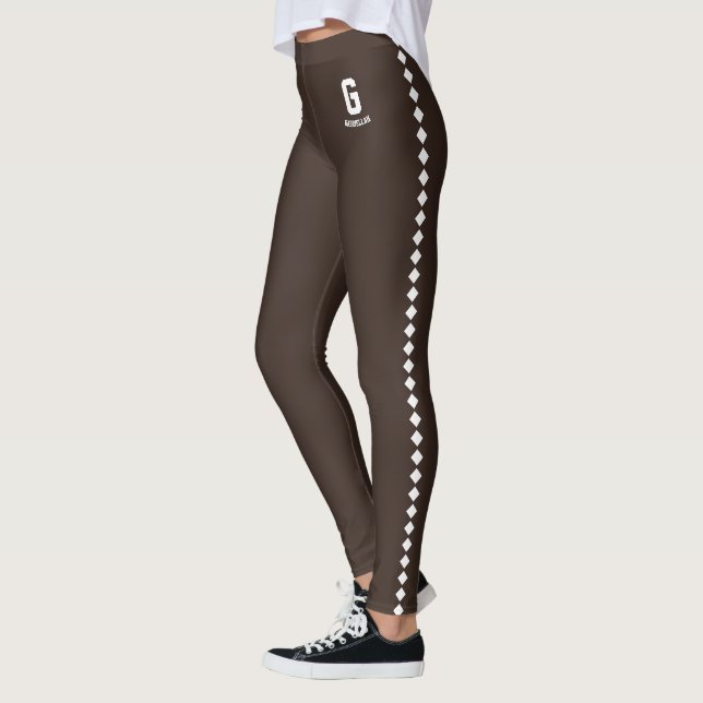 Anpassat namn Espresso Brun Vit Mönster Monogram Leggings (Vänster)