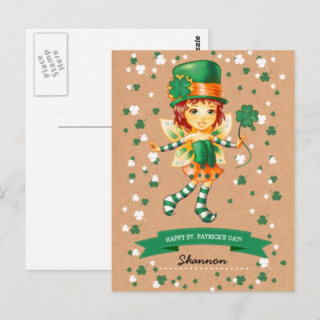 Anpassat namn Fairy Irish Girl St. Patrick's Day Vykort (Fram/baksida)