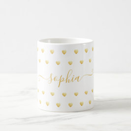 Anpassat namn Faux Gold Foil Heart Mönster på vitt Kaffemugg