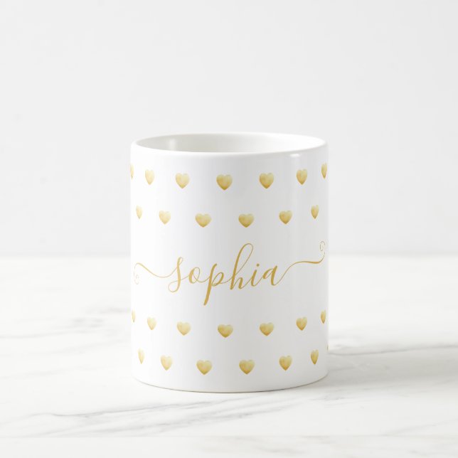 Anpassat namn Faux Gold Foil Heart Mönster på vitt Kaffemugg (Center)