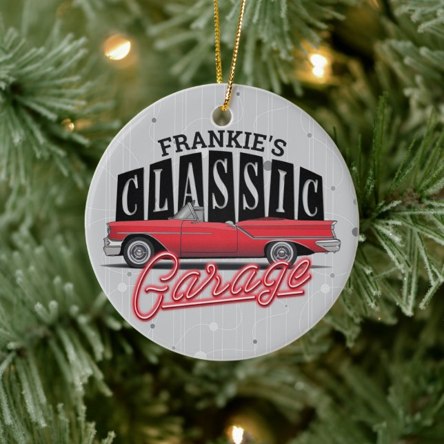 Anpassat NAMN Faux Neon 1950's Classic Car Garage Julgransprydnad Keramik (Träd)