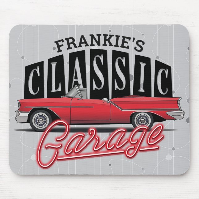 Anpassat NAMN Faux Neon 1950's Classic Car Garage Musmatta (Framsidan)