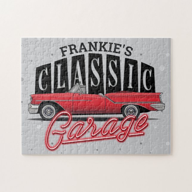 Anpassat NAMN Faux Neon 1950's Classic Car Garage Pussel (Horisontell)