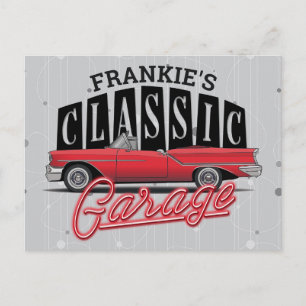 Anpassat NAMN Faux Neon 1950's Classic Car Garage Vykort