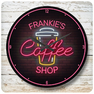 Anpassat NAMN Faux Neon Sign Retro Coffee Shop Rund Klocka