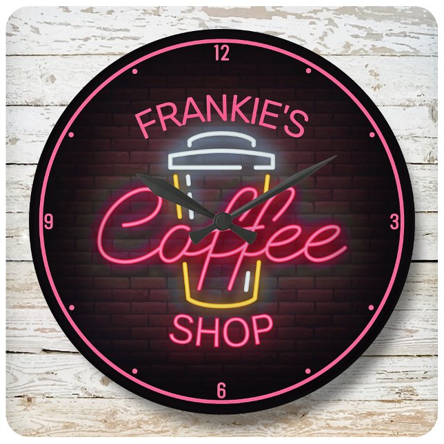 Anpassat NAMN Faux Neon Sign Retro Coffee Shop Rund Klocka (Skapare uppladdad)