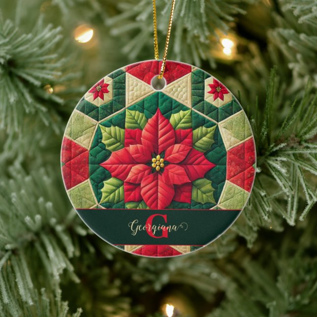 Anpassat namn Festive Blommigt Patchwork Poinsetti Julgransprydnad Keramik (Träd)