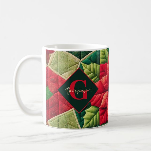 Anpassat namn Festive Blommigt Patchwork Poinsetti Kaffemugg (Vänster)