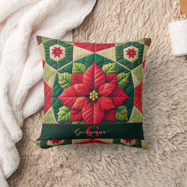 Anpassat namn Festive Blommigt Patchwork Poinsetti Kudde (Filt)