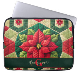 Anpassat namn Festive Blommigt Patchwork Poinsetti Laptop Fodral