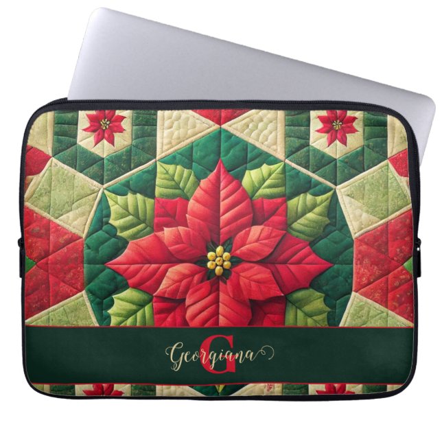 Anpassat namn Festive Blommigt Patchwork Poinsetti Laptop Fodral (Framsidan)