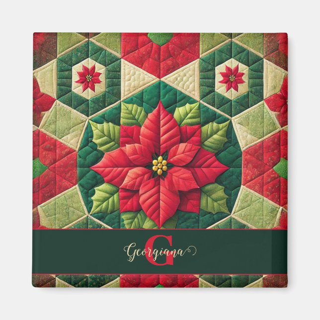 Anpassat namn Festive Blommigt Patchwork Poinsetti Magnet (Framsidan)